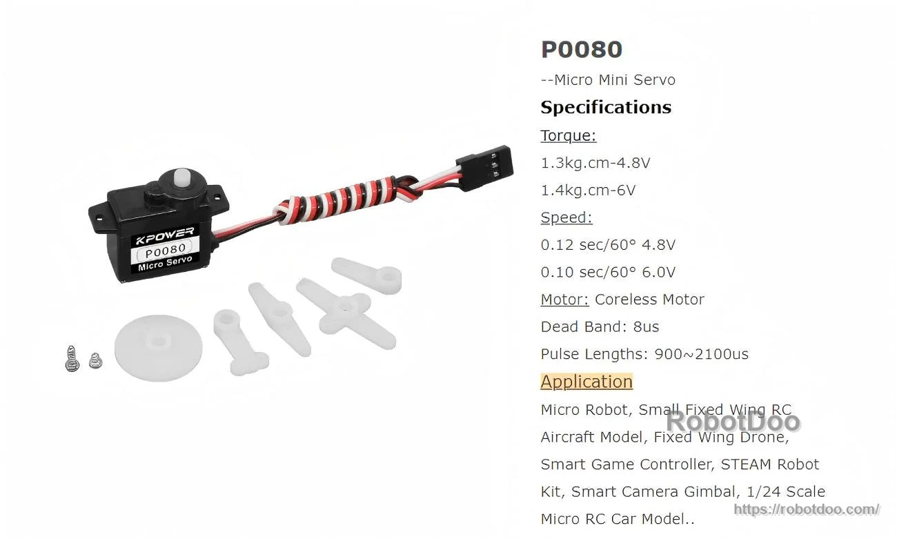 Kpower P0080 package contents: micro servo, 3-pin lead, horn set, screws, and a printed spec list