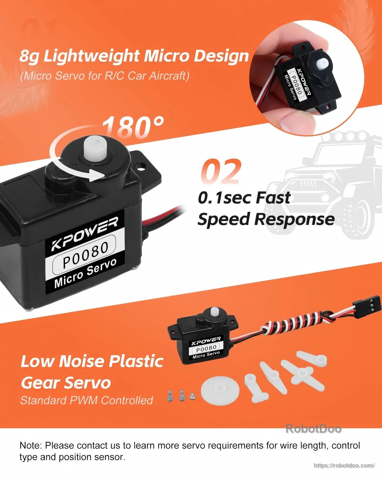 Kpower P0080 micro servo with included horn set and screws, noting 180° travel and fast response