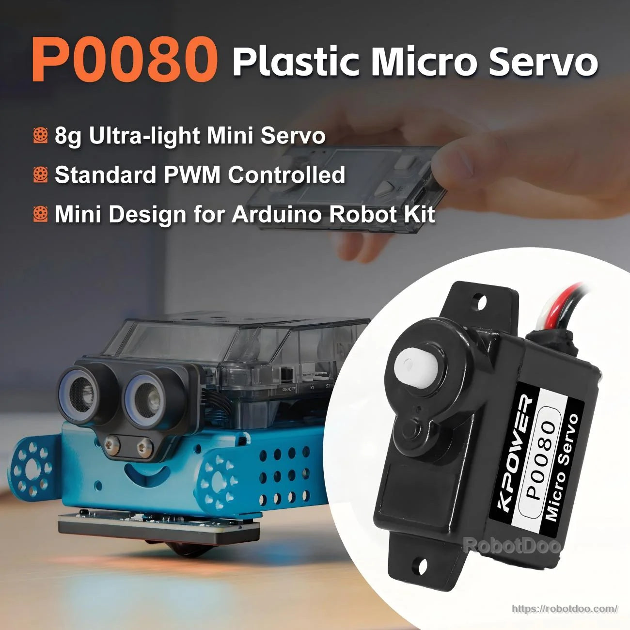 P0080 plastic micro servo promo graphic highlighting 8 g ultra-light design and standard PWM control