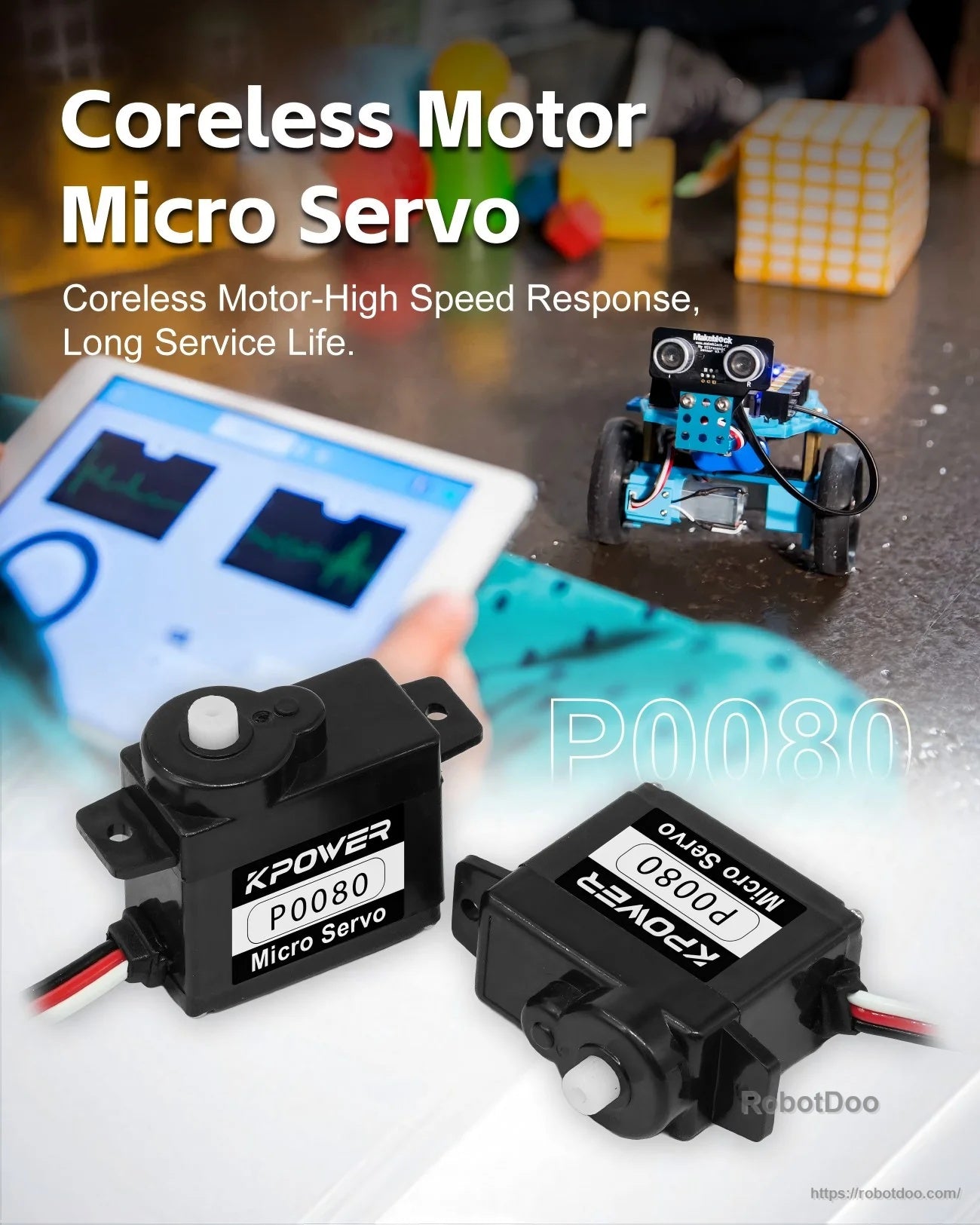 Coreless motor micro servo promotional image showing two Kpower P0080 servos in a small robotics setup