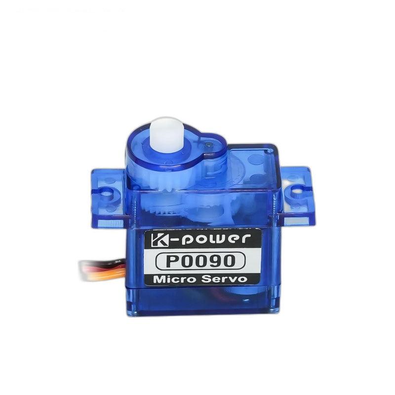 Kpower P0090 plastic gear micro servo motor, front view with P0090 label and white output shaft