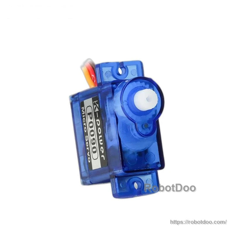 Top view of P0090 micro servo with mounting holes and white output shaft, RobotDoo watermark