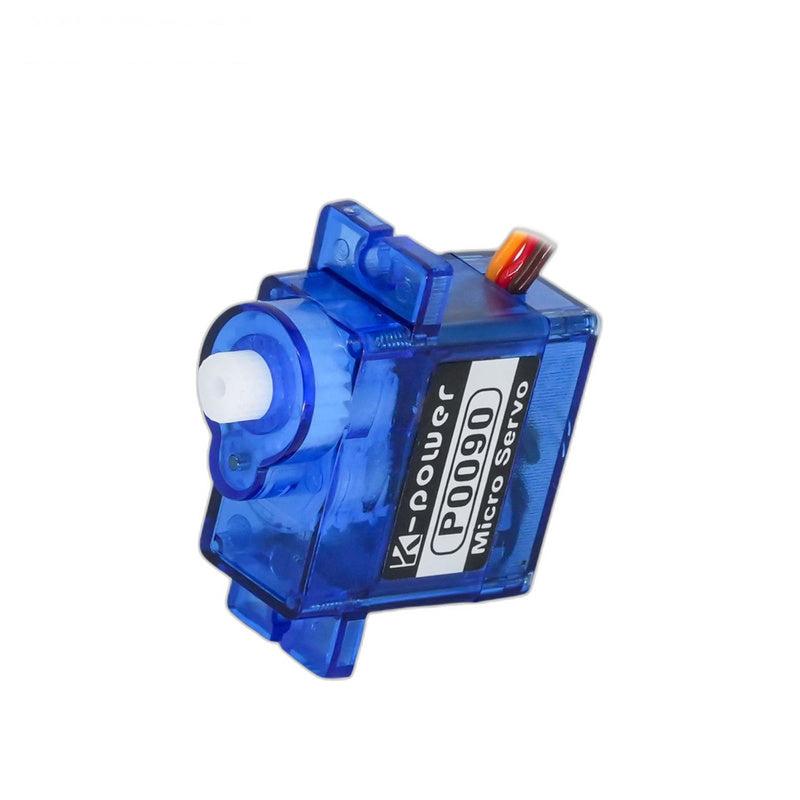 Transparent blue micro servo, angled side view showing mounting tabs, white output shaft, and cable lead