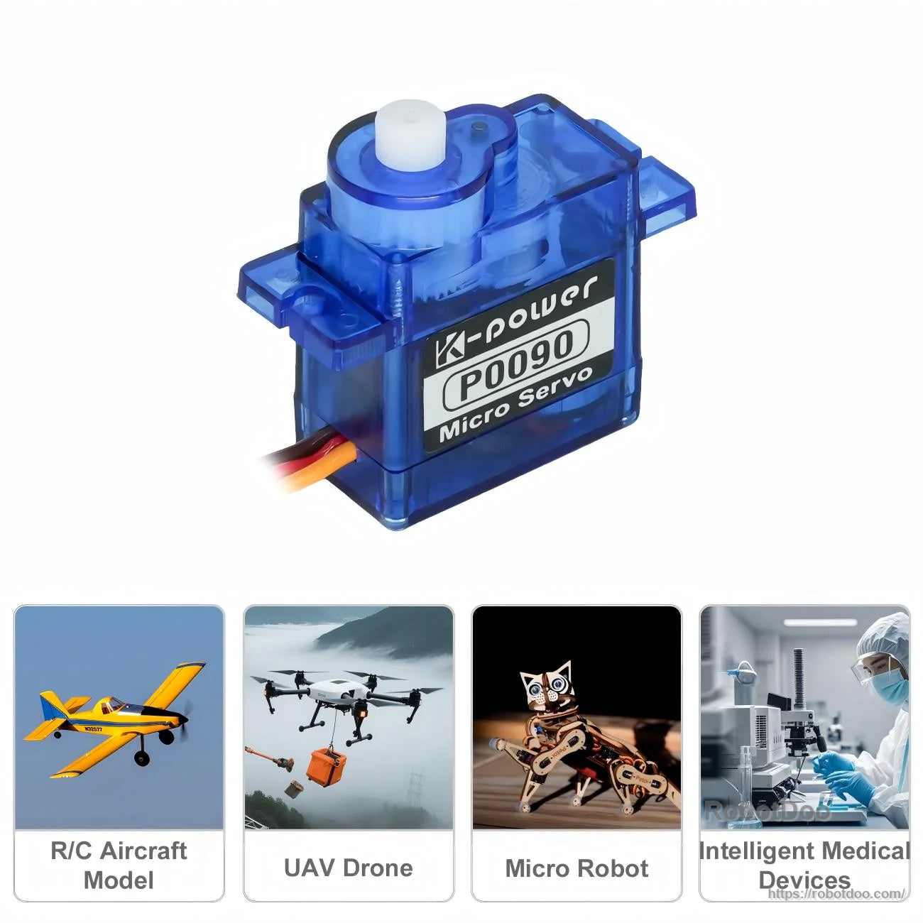 Kpower P0090 plastic gear micro servo motor with 3-wire lead, compact transparent blue case