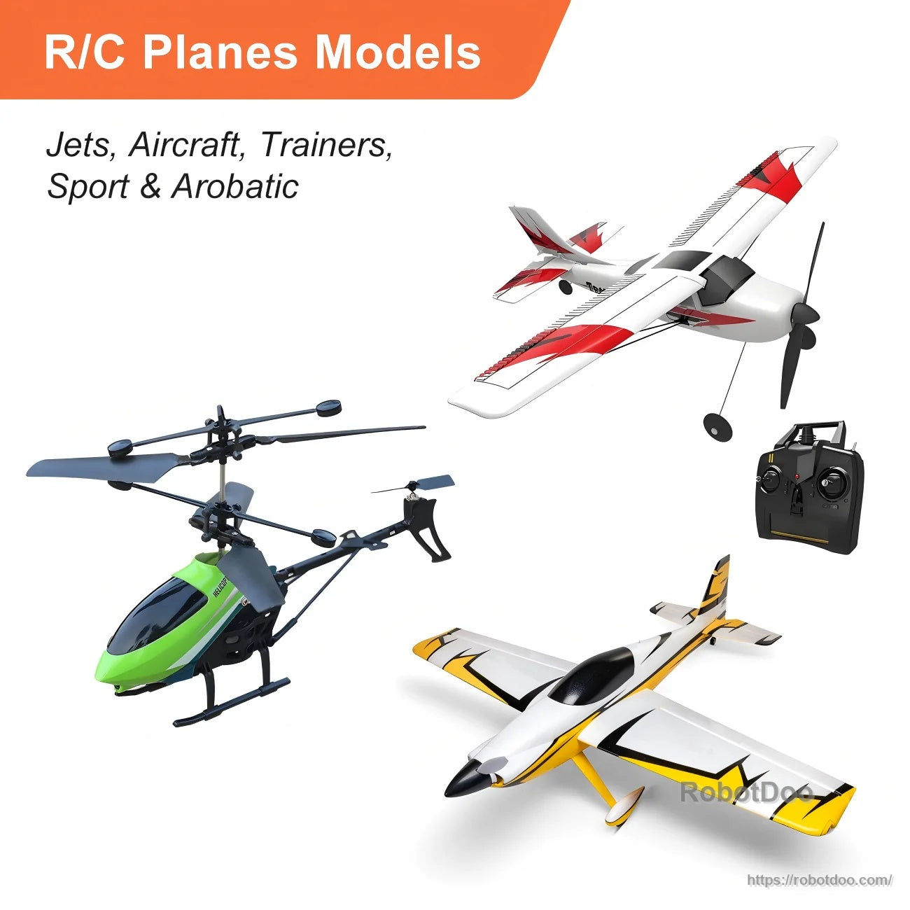 R/C planes models application graphic showing helicopter and fixed-wing aircraft with transmitter controller