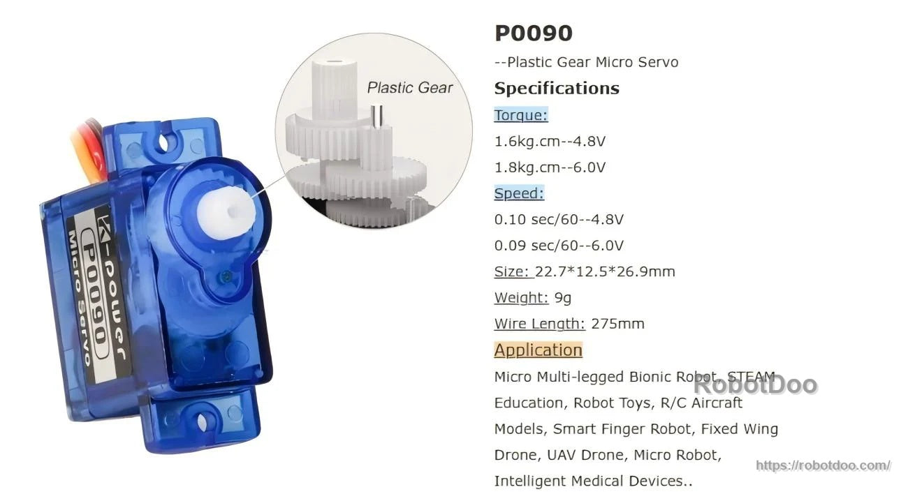 Kpower P0090 micro servo overview with listed torque, speed, size, weight and typical application notes