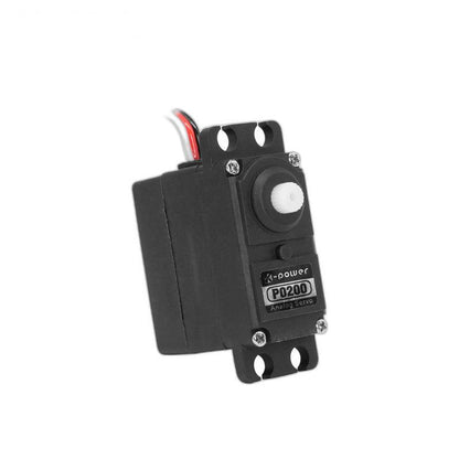 Kpower P0200 servo motor angled view showing output shaft, mounting tabs, and P0200 label