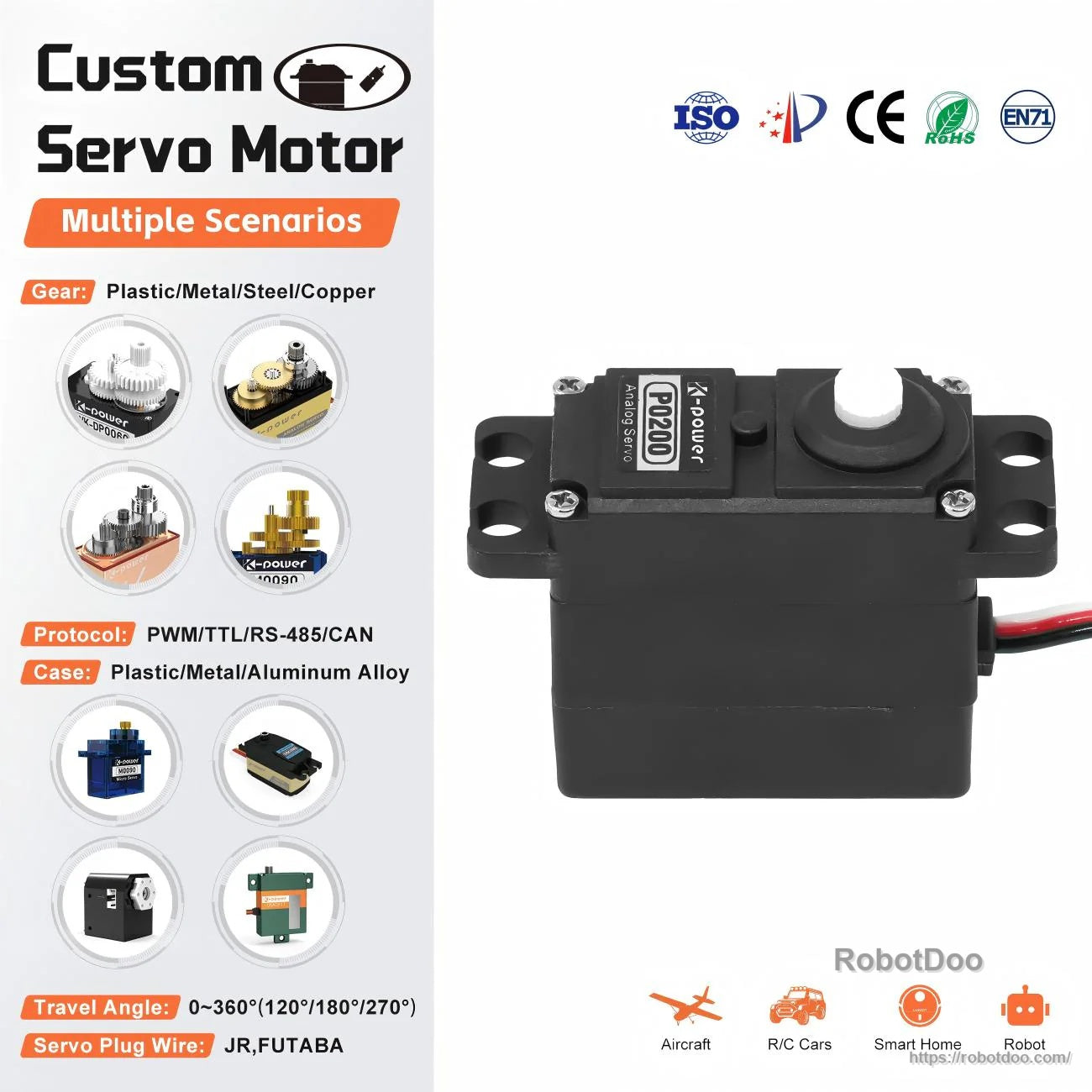 Kpower P0200 servo motor, compact plastic-case micro servo with protocol options and compliance icons