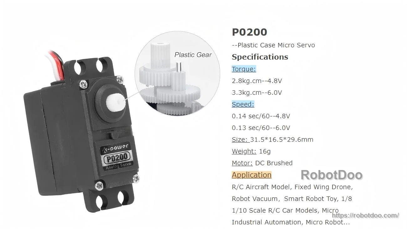 Kpower P0200 servo motor specifications graphic with plastic gear detail and size, speed, torque, and weight list