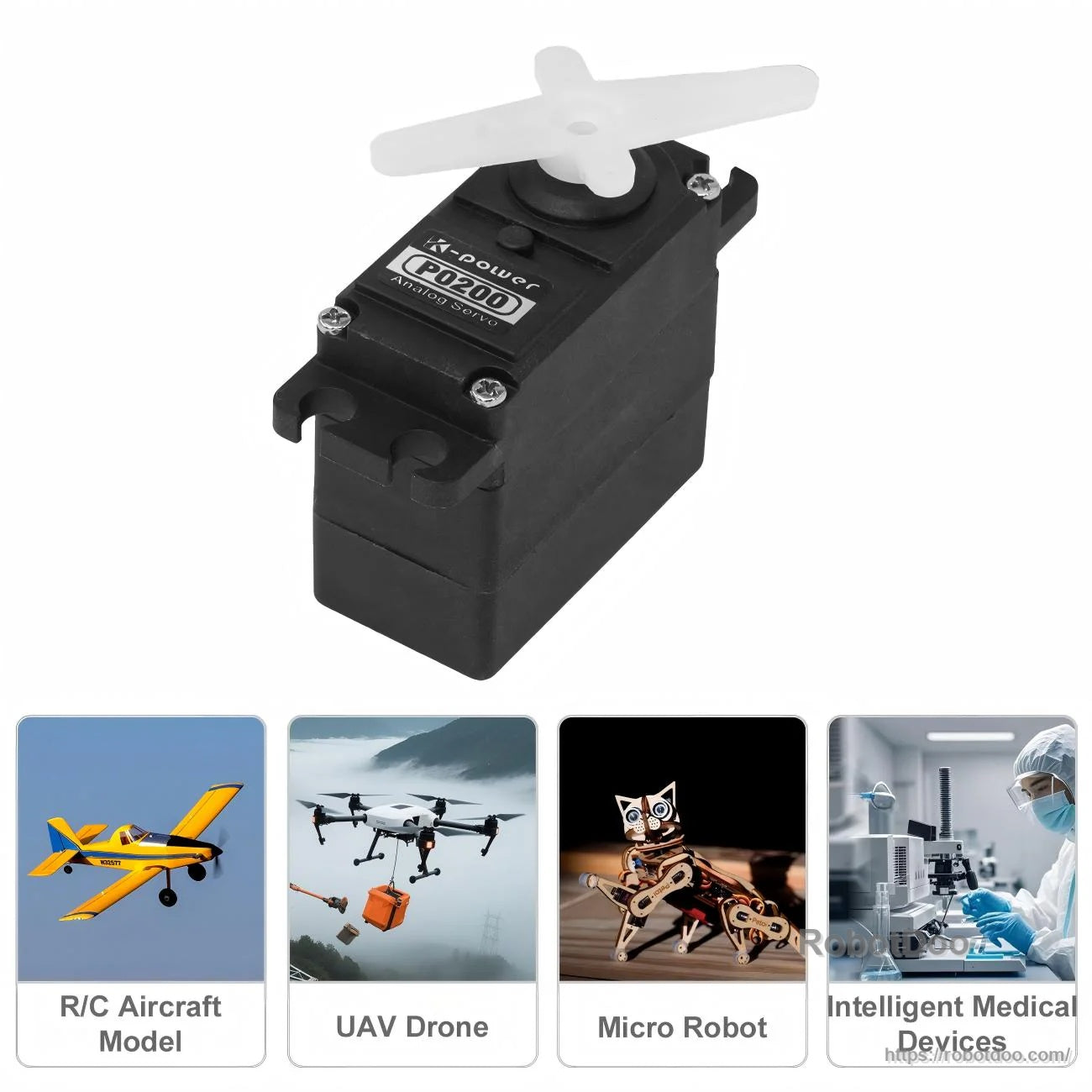 Kpower P0200 servo motor with white servo horn installed, compact body for RC and robotics mechanisms