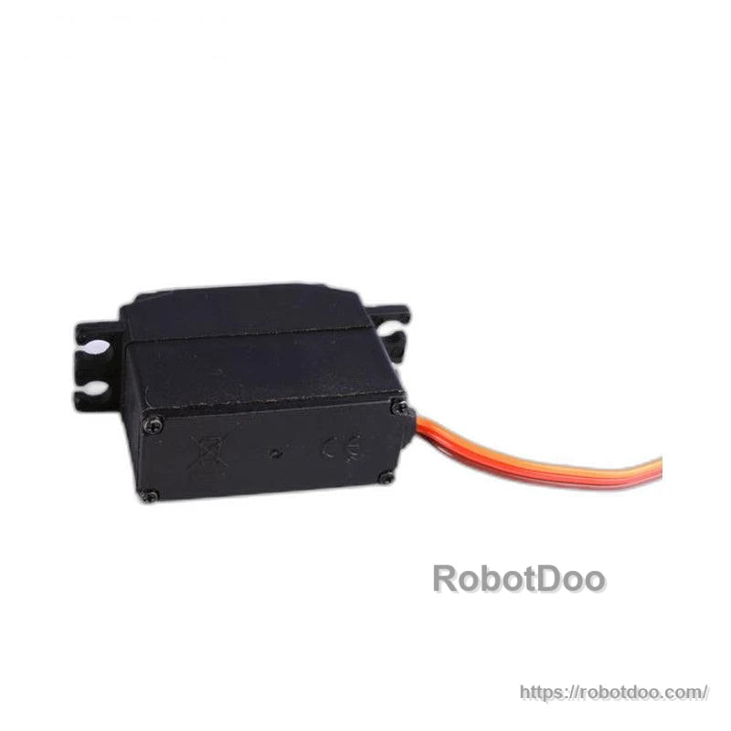Rear view of servo motor housing showing mounting tabs, screw plate, and 3-wire cable
