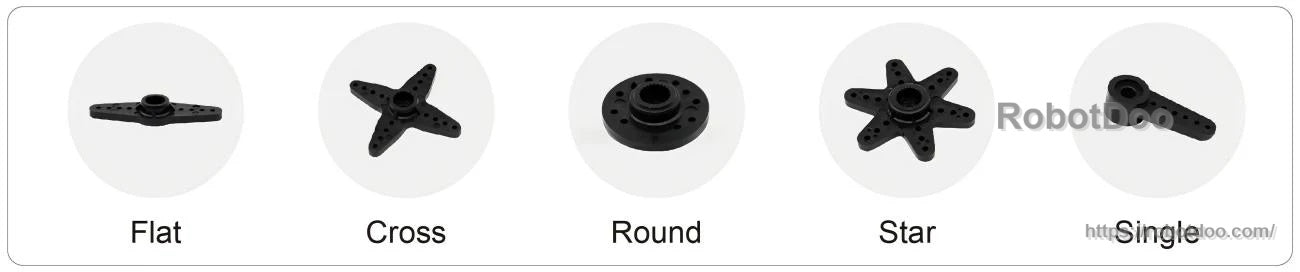 Servo horn options set including flat arm, cross horn, round disc, star horn, and single arm for 25T output