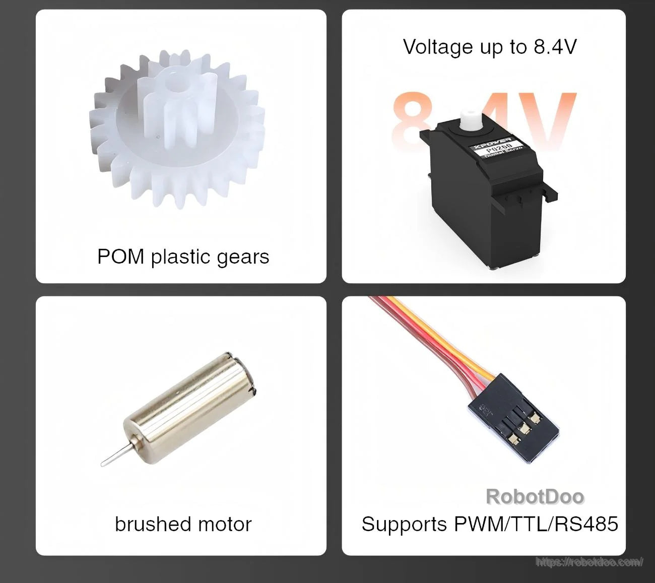 Feature highlights: POM plastic gears, up to 8.4 V input, DC brushed motor, PWM/TTL/RS-485 control support