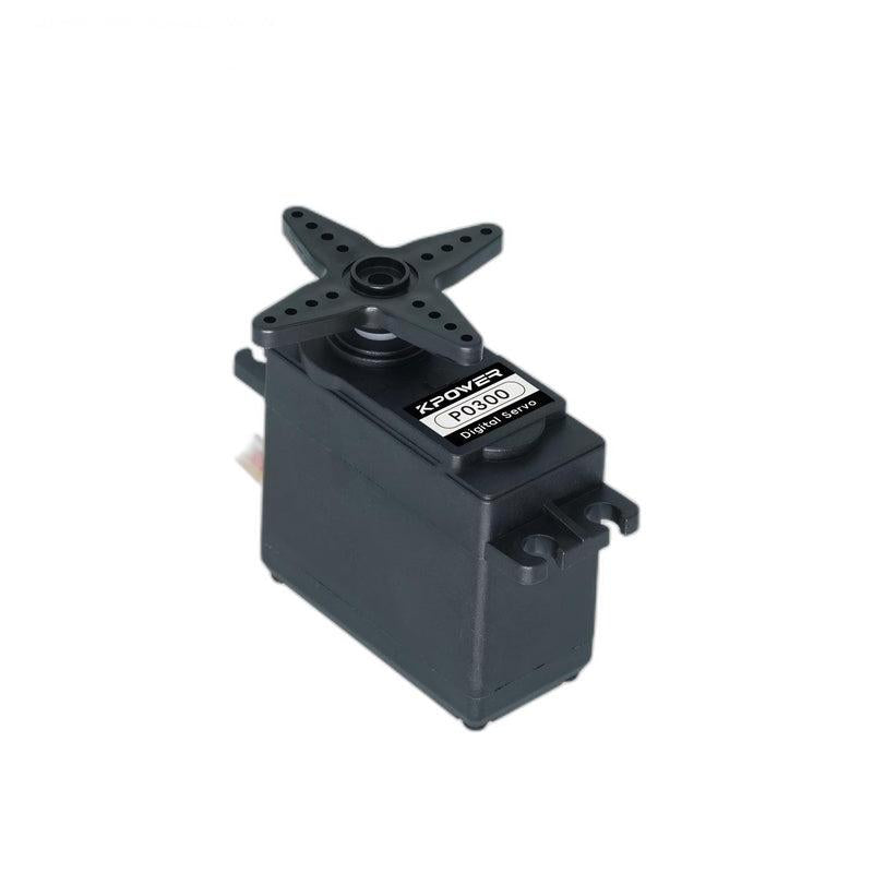 Kpower P0300 servo motor with star servo horn installed, top angled view showing product label