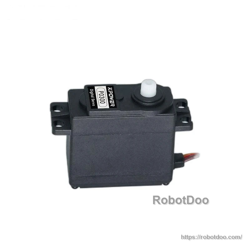 Side profile of servo motor showing mounting ears and attached lead wire; RobotDoo watermark on image