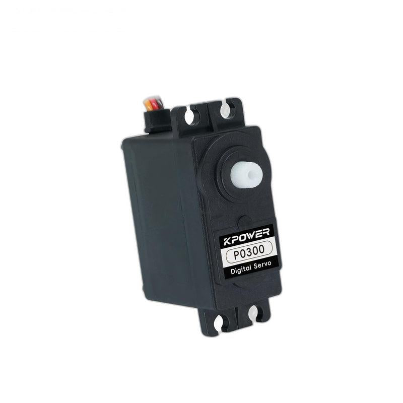 Front view of digital servo with white output shaft and mounting tabs, Kpower P0300 label visible