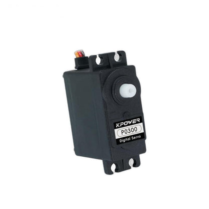 Front view of digital servo with white output shaft and mounting tabs, Kpower P0300 label visible