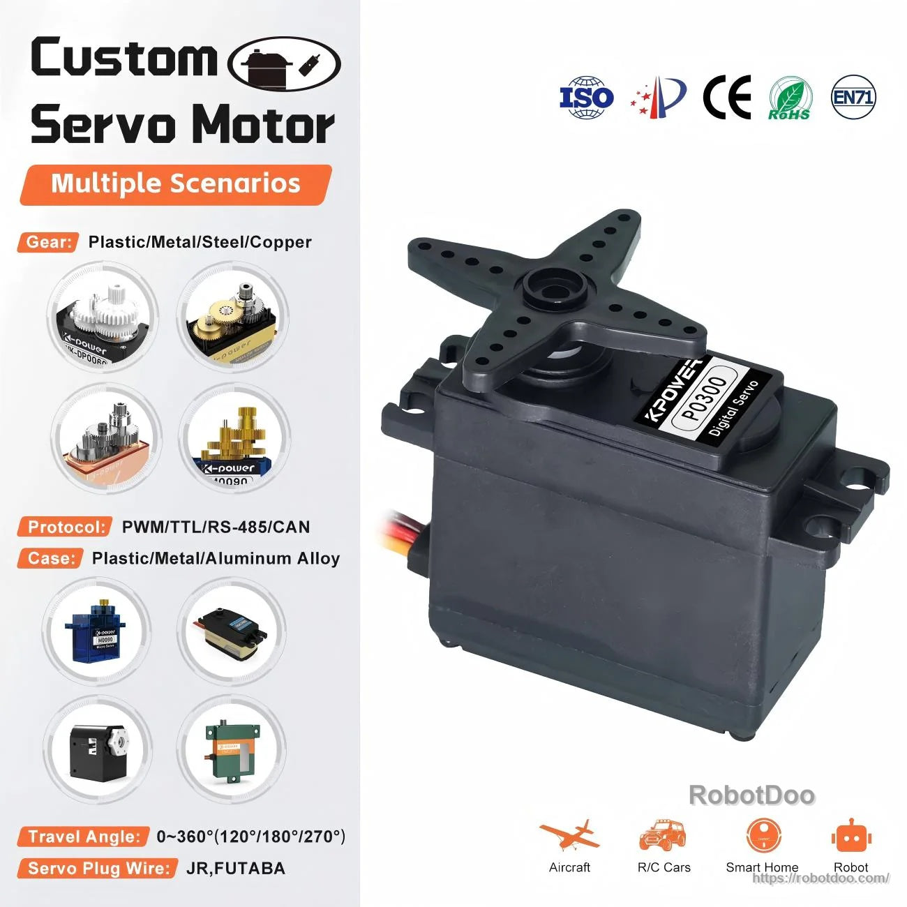 Kpower P0300 servo motor with cross horn; promo card lists PWM/TTL/RS-485 options and certifications icons