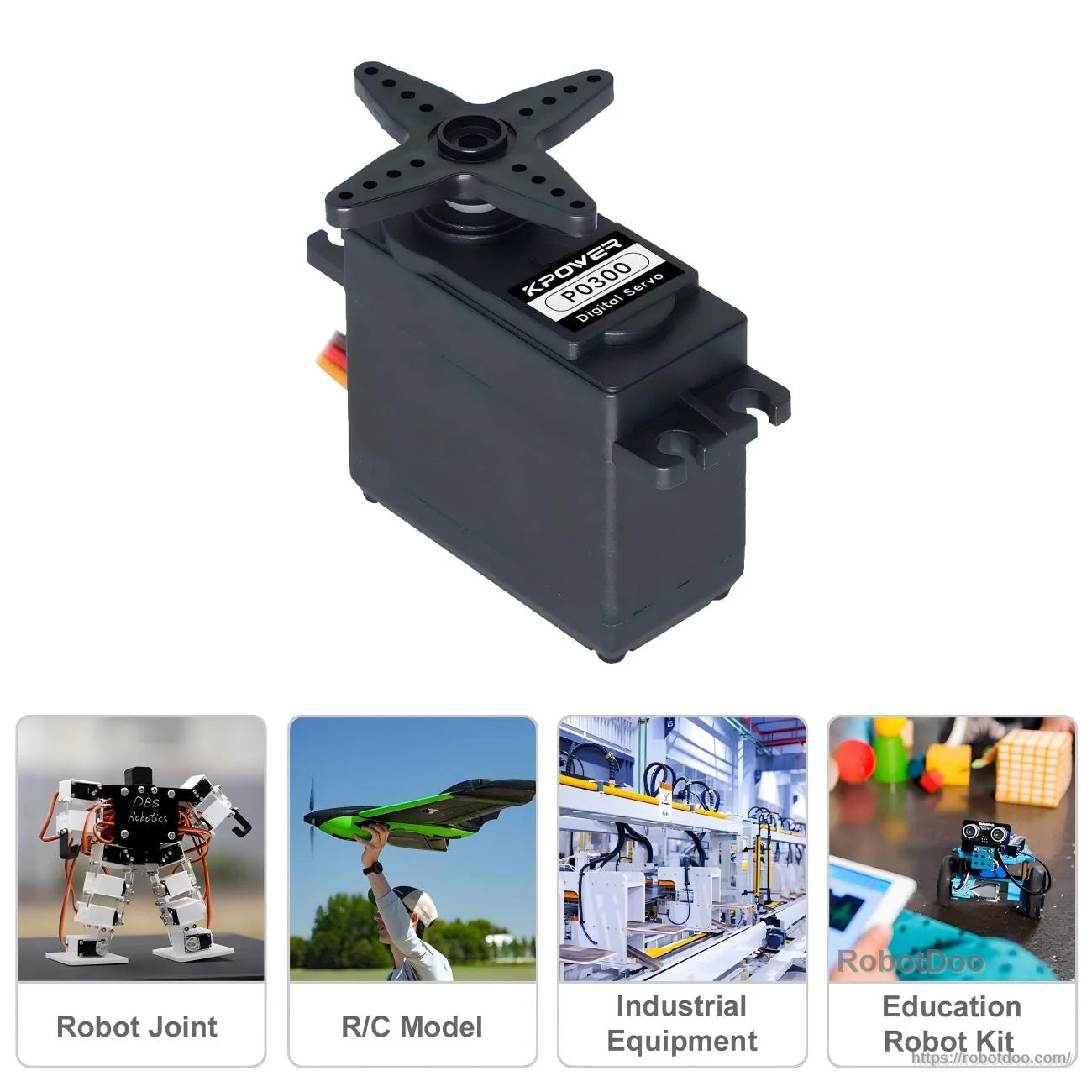 Kpower P0300 digital servo motor side view with cross horn, black plastic case and 3-wire lead