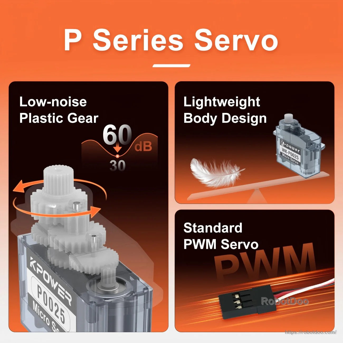 P Series servo graphic highlighting low-noise plastic gears, lightweight body design, and standard PWM servo signal
