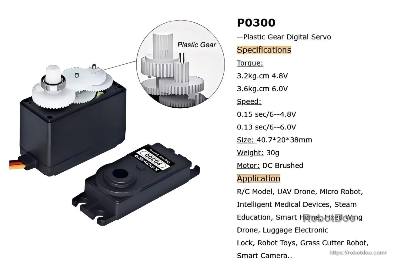 P0300 plastic gear digital servo specs sheet listing torque at 4.8V/6.0V, speed, size 40.7×20×38 mm, and applications