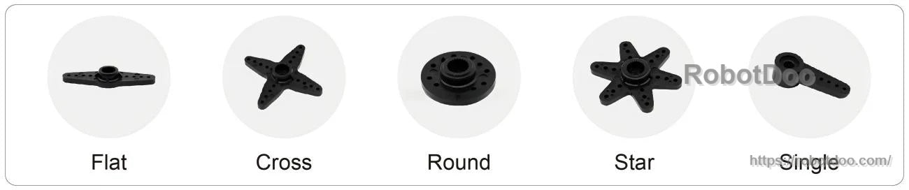 Servo horn styles lineup: flat, cross, round, star, and single-arm options