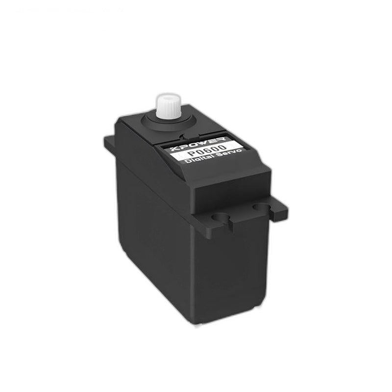Kpower P0600 servo motor angled view with mounting tabs and white output spline on top