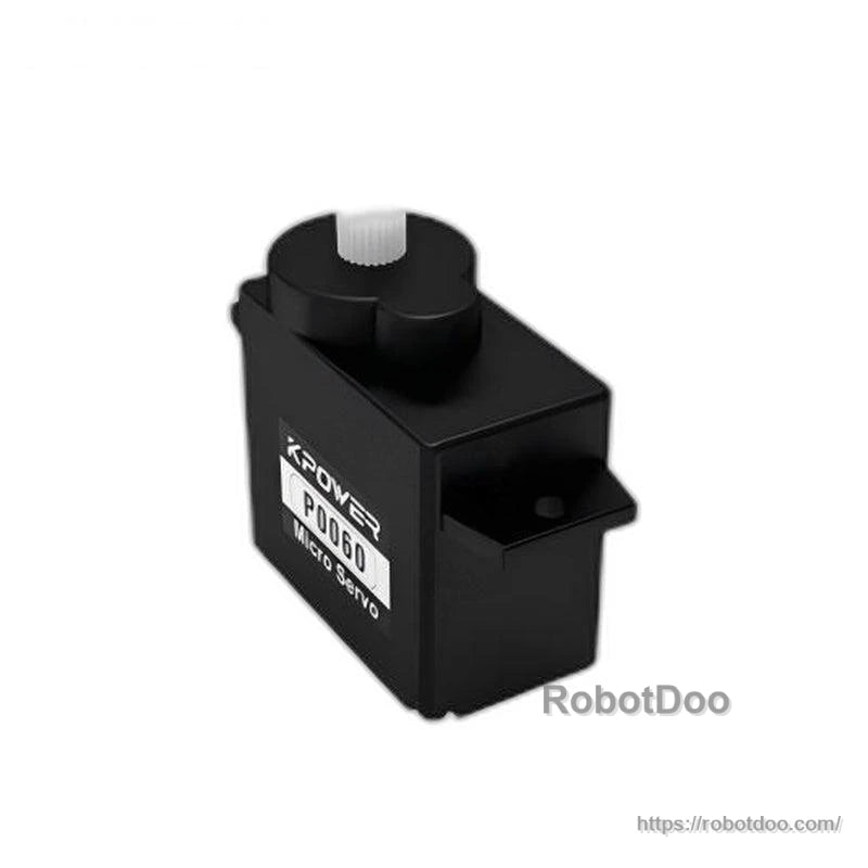 Side and top view of the servo motor showing output spline and side label on black housing