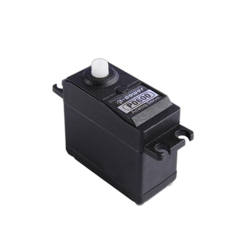 Kpower P0600 servo motor three-quarter view highlighting top label and dual mounting ears