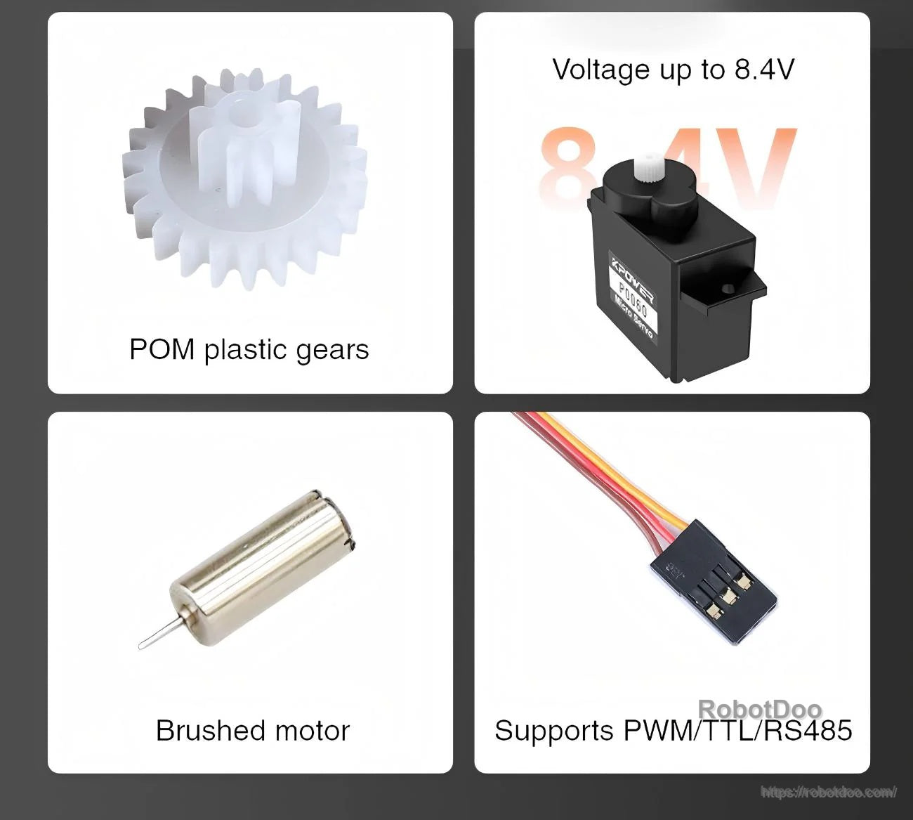 Feature grid: POM plastic gears, up to 8.4V input, brushed DC motor, PWM/TTL/RS-485 support