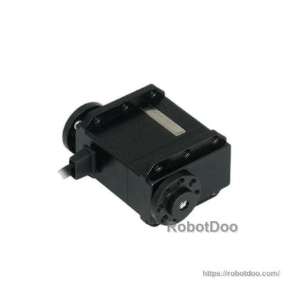Top perspective of servo motor showing circular output horn mount and mounting screws