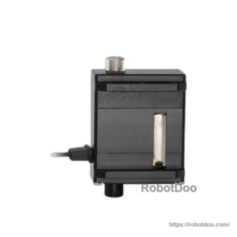 Side profile of black RC servo motor showing metal side plate and cable entry