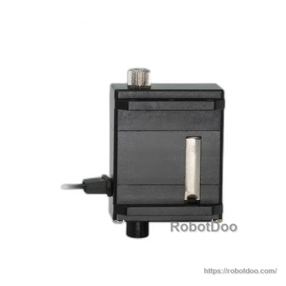 Side profile of black RC servo motor showing metal side plate and cable entry