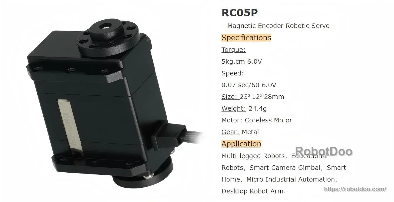 Kpower RC05P servo motor with magnetic encoder spec list including torque, speed, size, weight, coreless motor and metal gears