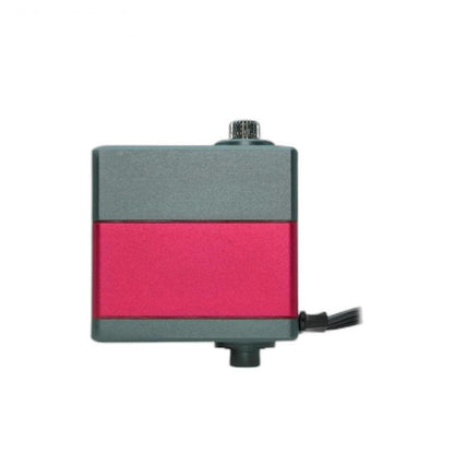 Side profile of RC20P servo motor showing red and gray metal case and cable exit