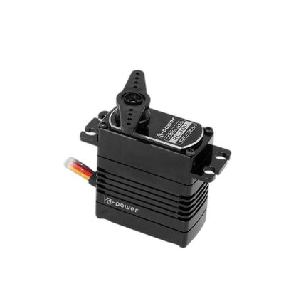 Kpower RC30P servo motor with servo horn installed, black metal case and mounting tabs, angled view