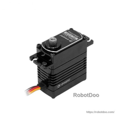 Angled top view of K-power servo showing metal spline shaft, cooling fins, and 3-wire lead exiting case