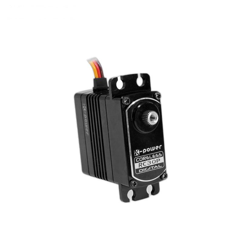 Front view of RC30P digital coreless servo with metal output spline and mounting bracket holes