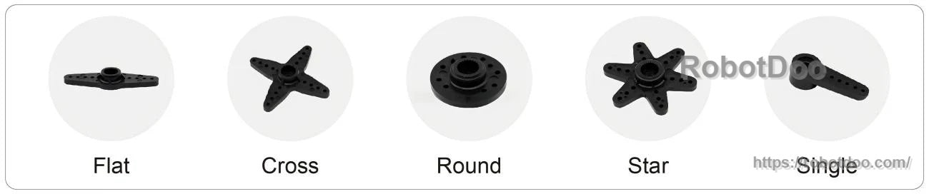 Servo horn types lineup: flat, cross, round, star, and single arm horn shapes