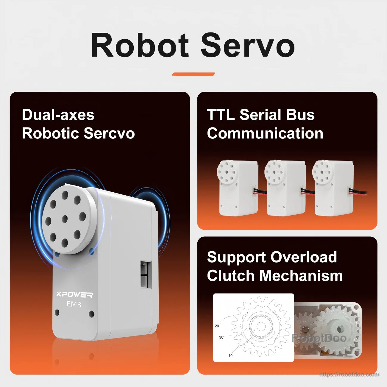 Robot servo controller concept graphic highlighting dual-axis servo, TTL serial bus communication, and overload clutch support