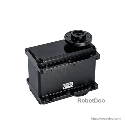 Rear three-quarter view of robotic servo motor showing mounting feet, side connector, and top output flange
