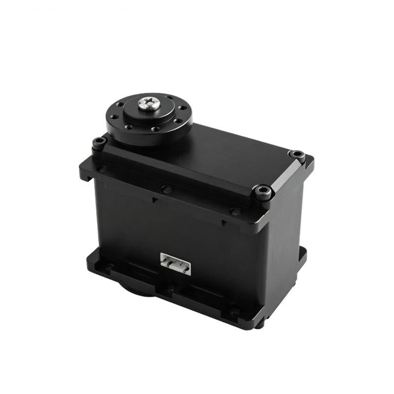 Top angled view of servo motor with circular output hub, four corner screws, and side cable connector
