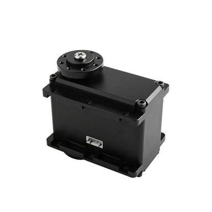 Top angled view of servo motor with circular output hub, four corner screws, and side cable connector