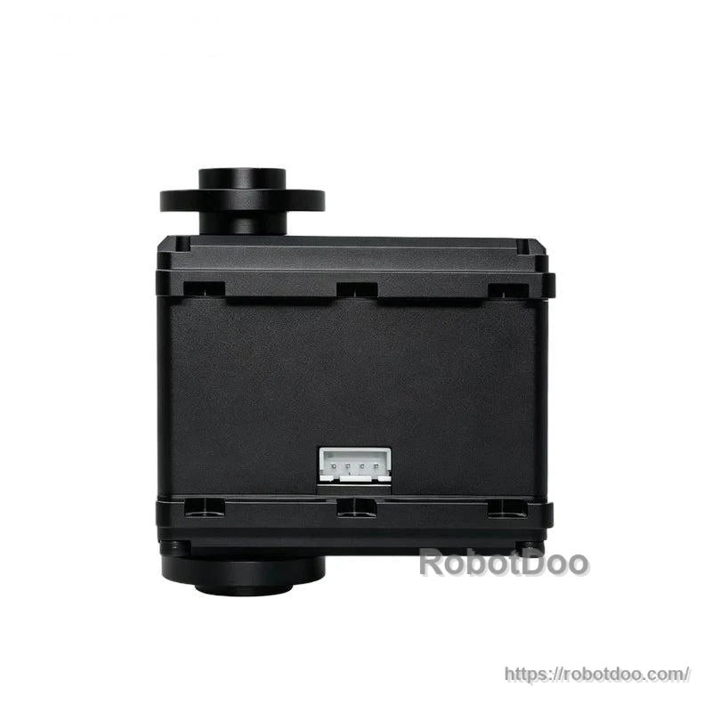 Side profile of black servo motor showing rectangular housing and 3-pin socket centered on the body
