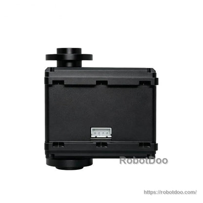 Side profile of black servo motor showing rectangular housing and 3-pin socket centered on the body
