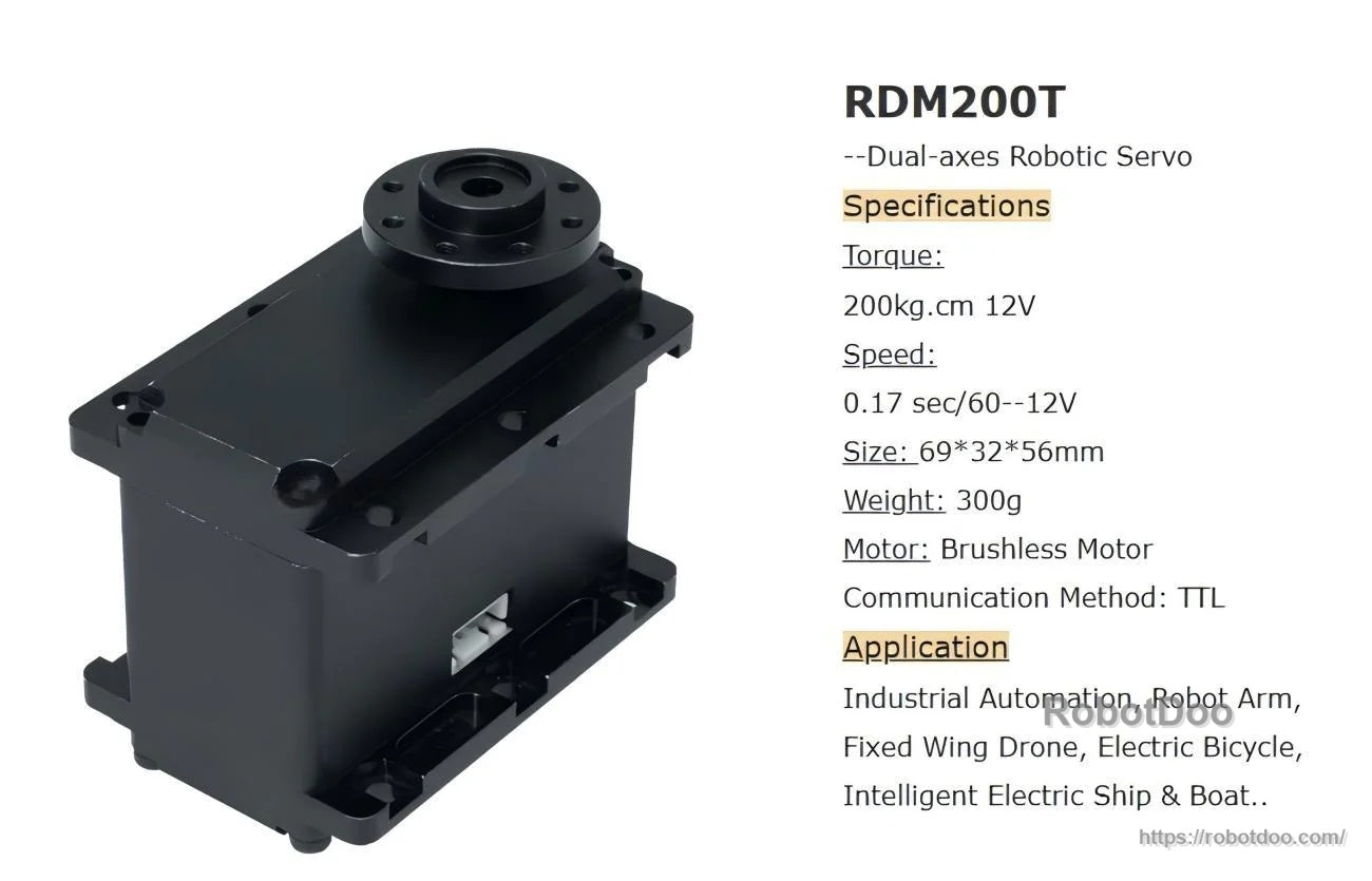 Kpower RDM200T dual-axes robotic servo motor with key specs: 200 kg·cm @12V, TTL, brushless