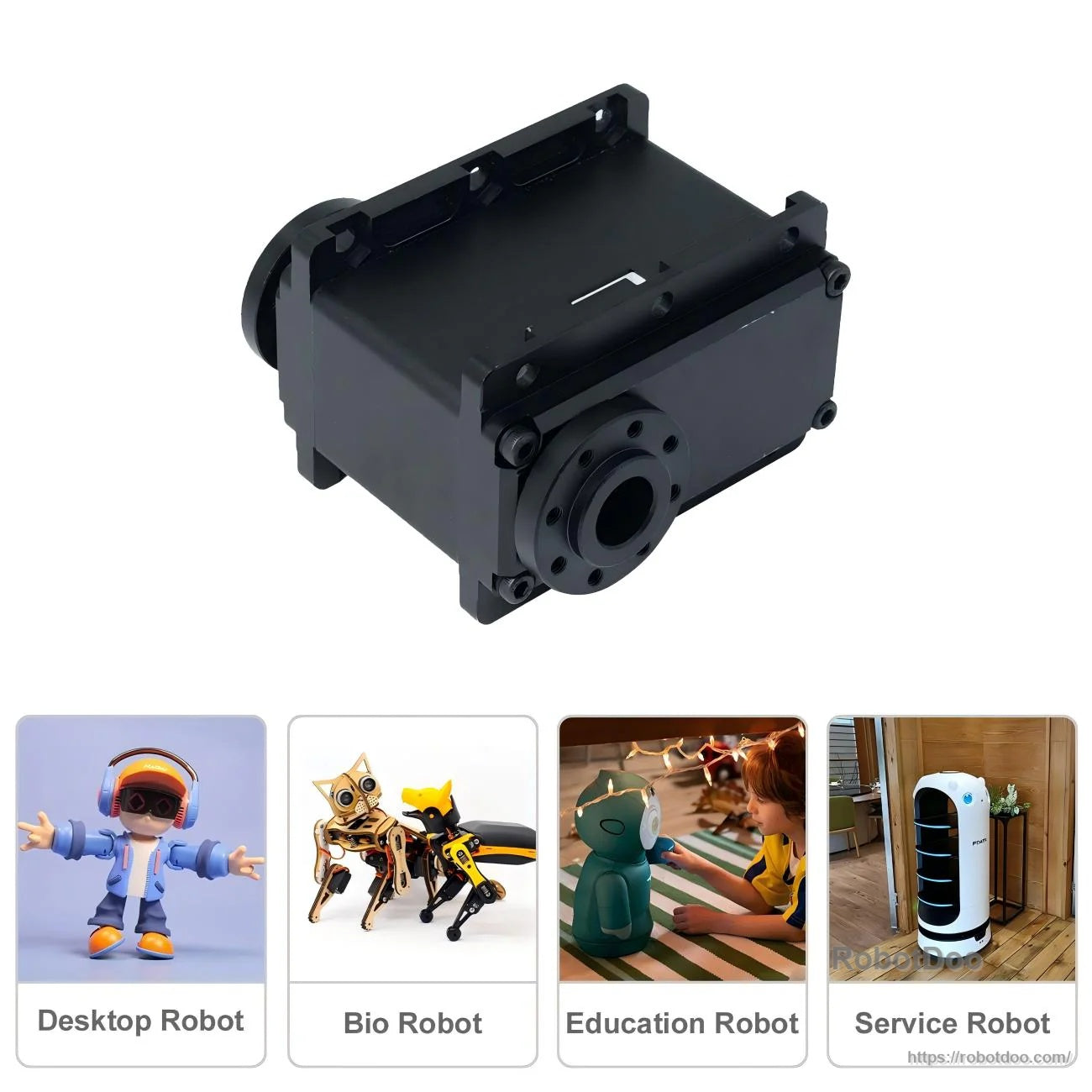 RDM200T dual-axis robotic servo motor front view with mounting flanges and output face