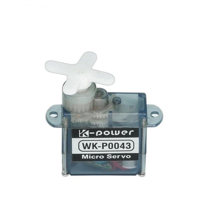 Kpower WK-P0043 (P0043) 4.3g micro servo motor, front view with white servo horn and mounting tabs