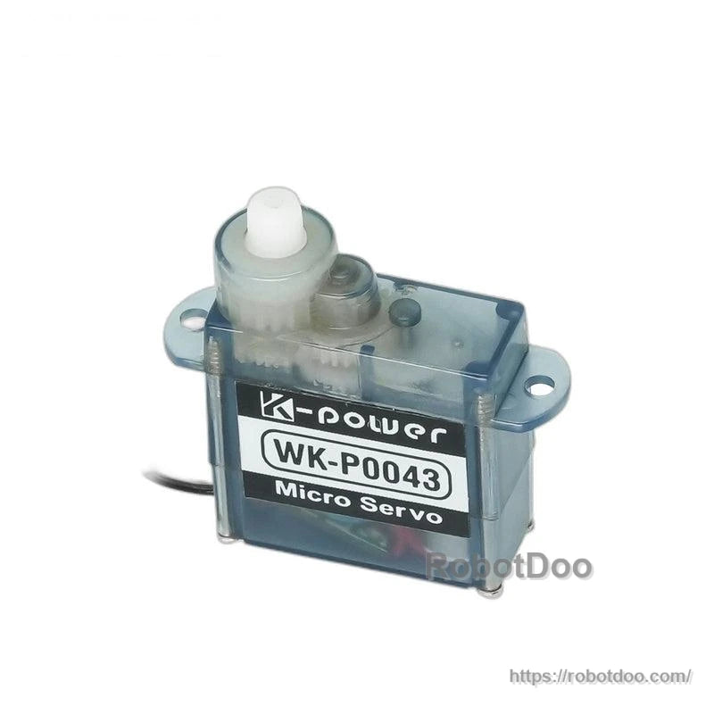Kpower WK-P0043 micro servo in transparent case, 3/4 view showing gears through cover and label