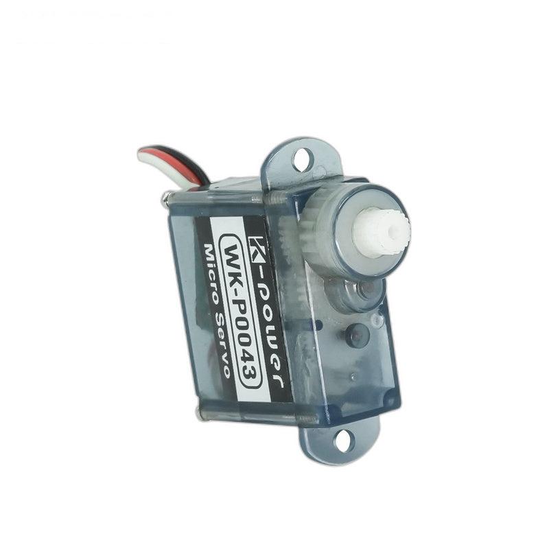 Angle side view of WK-P0043 micro servo showing output shaft, mounting ears, and lead wire